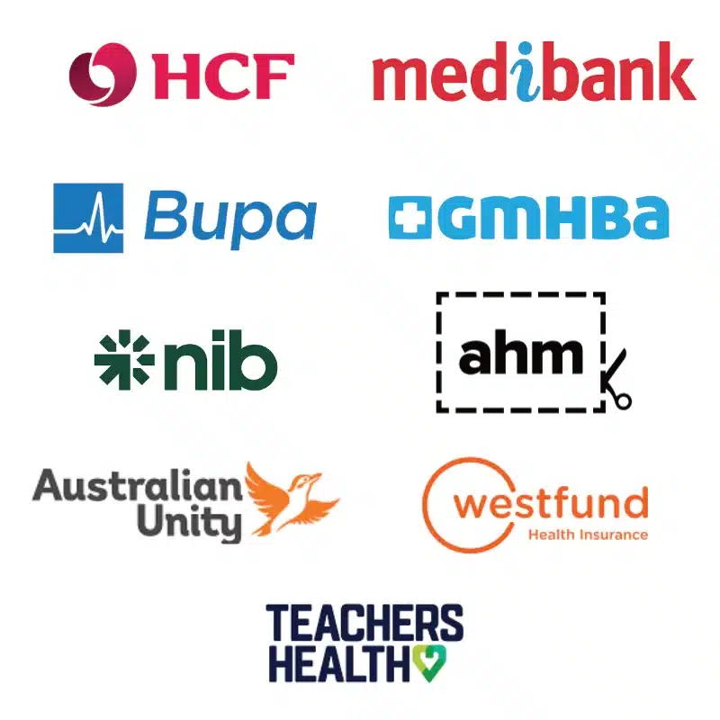 HCF, Medibank, Bupa, GMHBA, NIB, AHM, Australian Unity, Westfund and Teachers Union private health insurers.